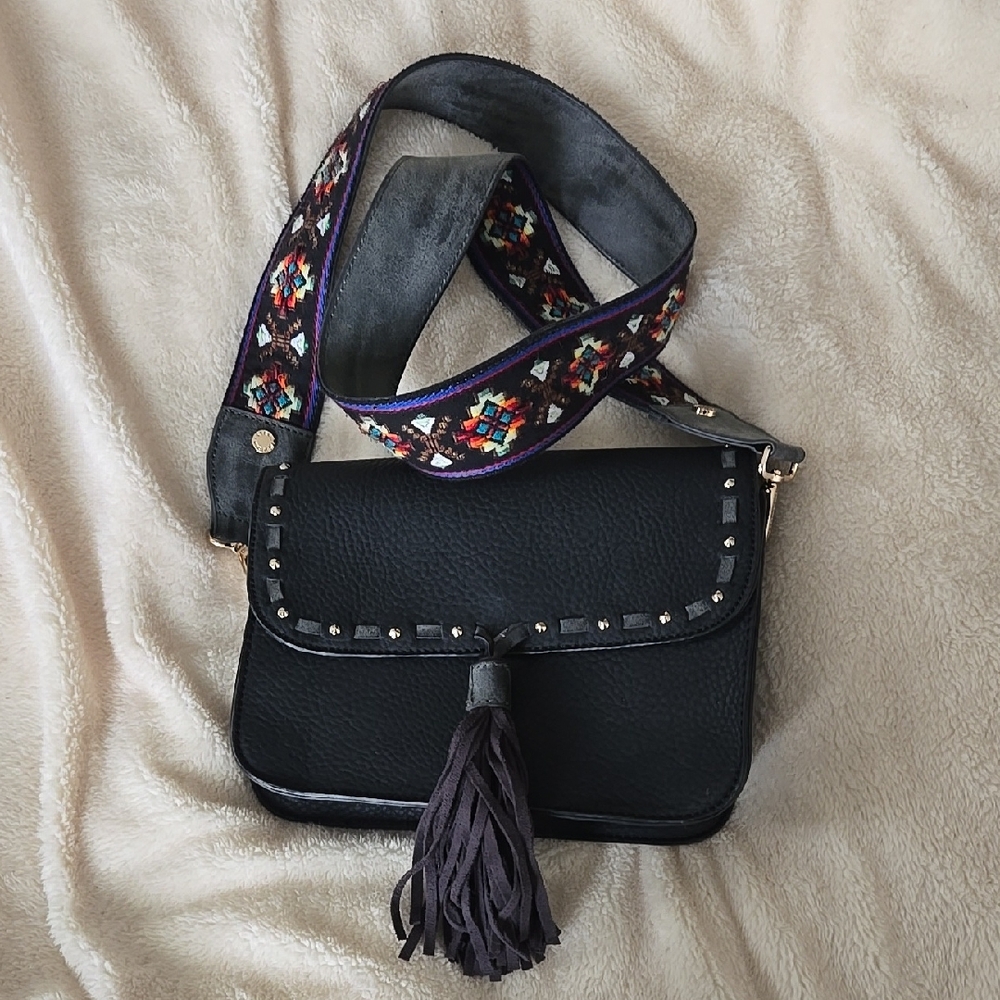 Black Steve MaddenCrossbody Bag with Embroidered Guitar Strap